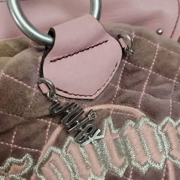 Vintage Rare Y2K Juicy Couture Purple Pink Quilted Velour Charm Bag - Picture 6 of 12